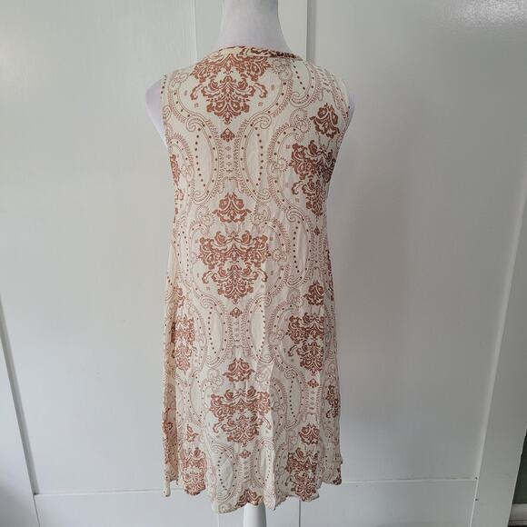 Audrey 3 + 1 Size S Cream Brown Fleur de Lis Print Shift Dress Boho Retro - Picture 3 of 7